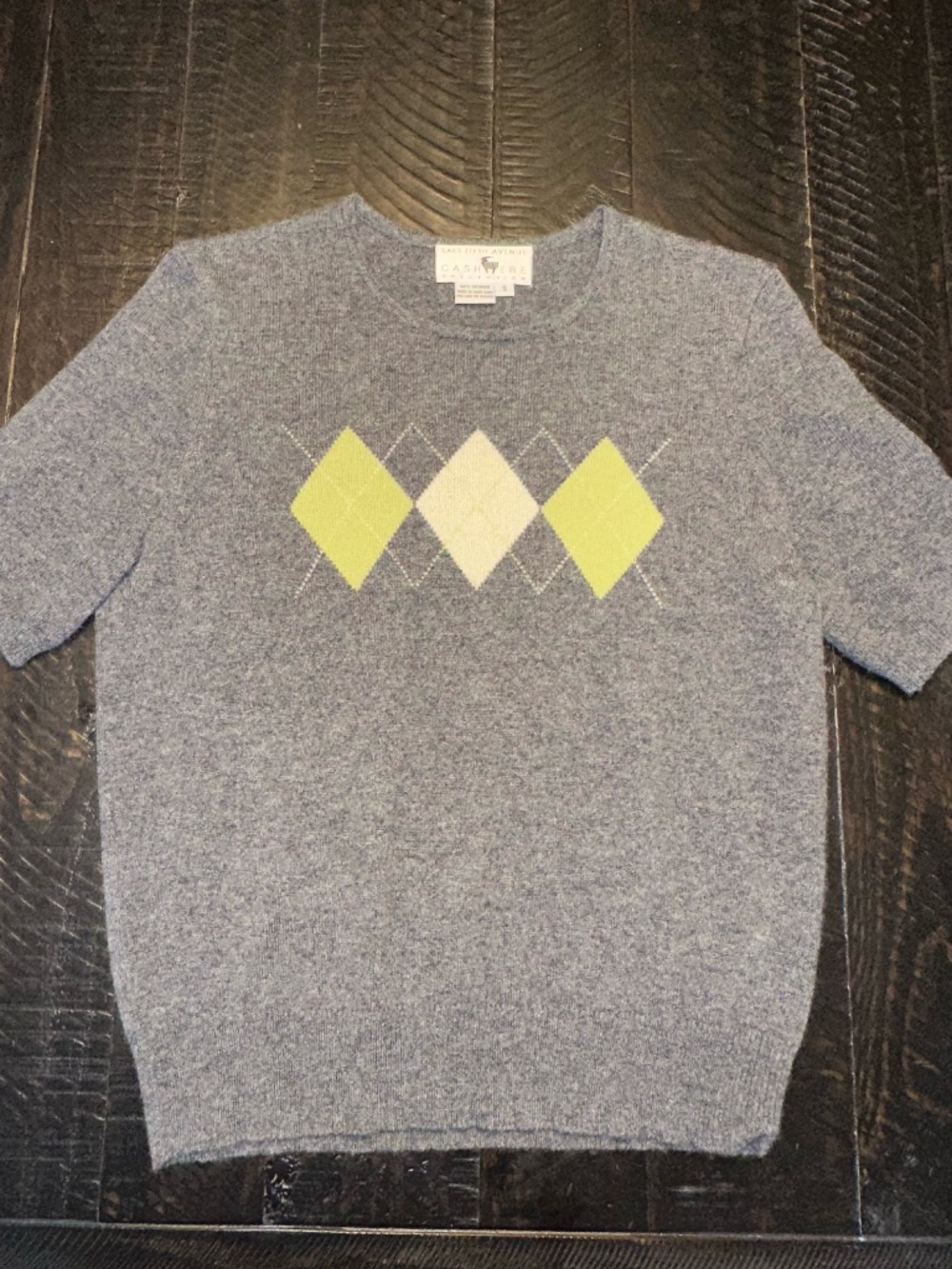 Saks Fifth Avenue Cashmere Argyle Short Sleeve Sweater - Size S